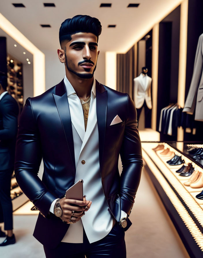 Bearded man in dark suit poses in luxury store near shoe display