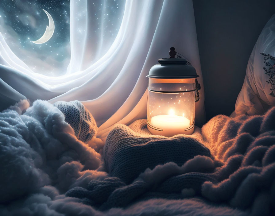 Cozy blanket with glowing lantern and moonlit night sky view