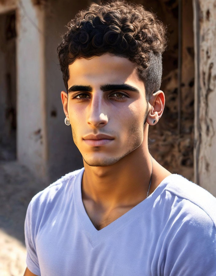 Curly Haired Man in White T-shirt with Beard and Earring portrait.