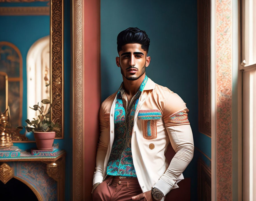 Stylish man in beige jacket poses in ornate blue room