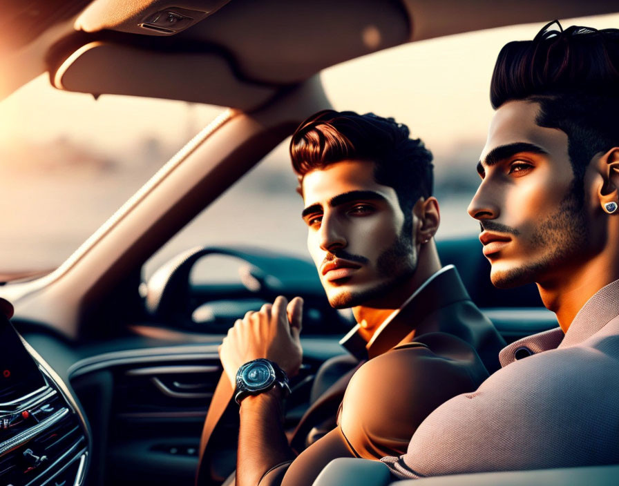 Stylish men in car at sunset, one driving, both looking left