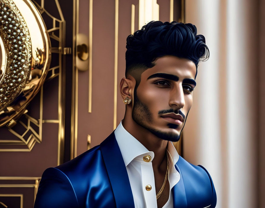 Stylish man with well-groomed beard in blue blazer and gold earrings in elegant interior