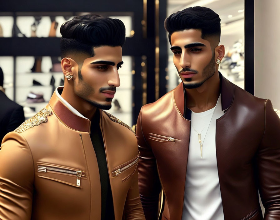 Fashionable men in tan and brown jackets posing in luxury store setting.