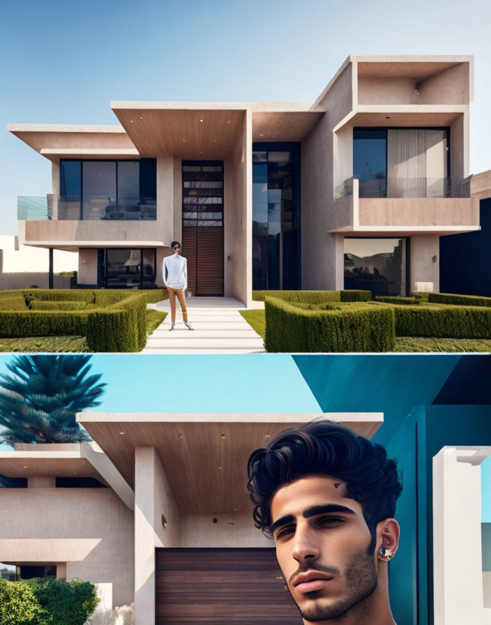 Modern House with Geometric Design and Stylish Man Portrait