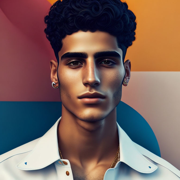 Young man with curly hair, earrings, and chain necklace in digital illustration