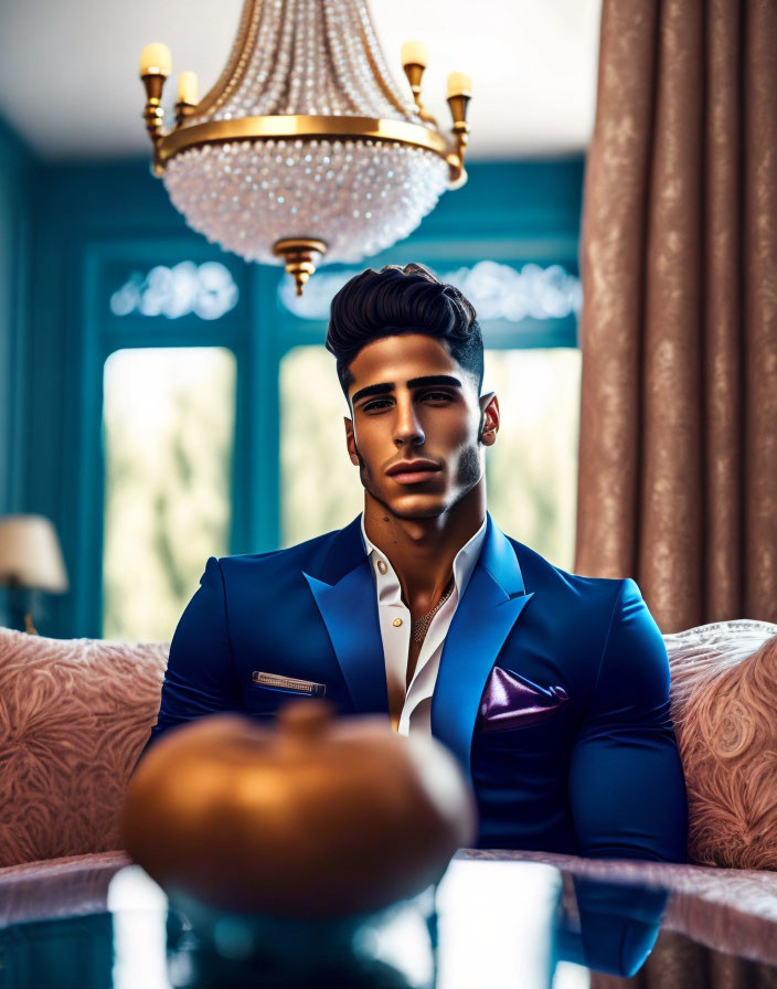 Confident man in blue suit in elegant room with chandelier