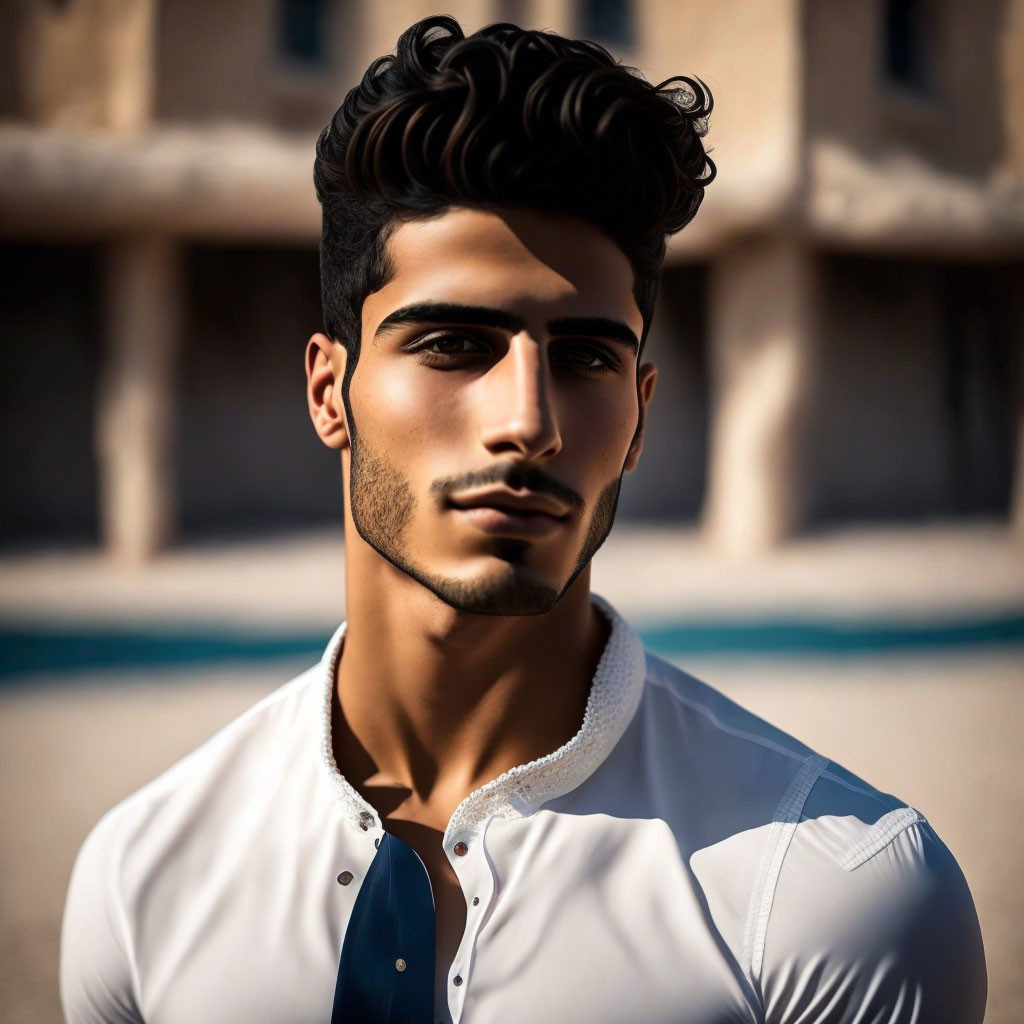 Stylish man with beard and wavy hair in white shirt and blue tie against blurred building backdrop