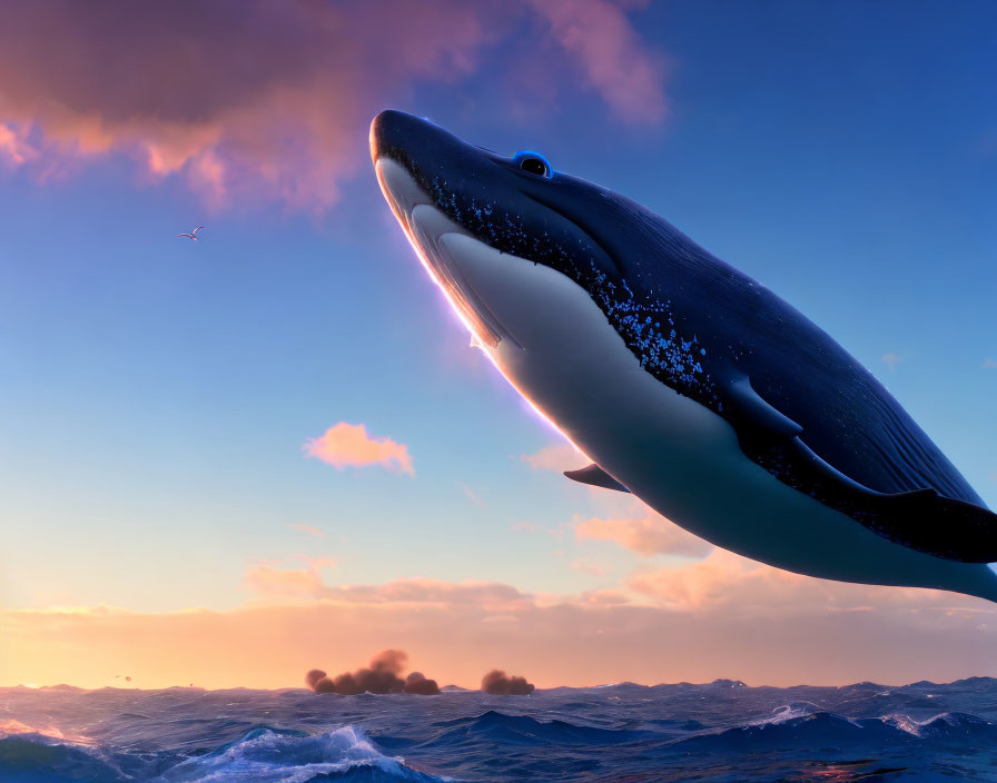 Whale jumping in choppy ocean at sunset with purple clouds.