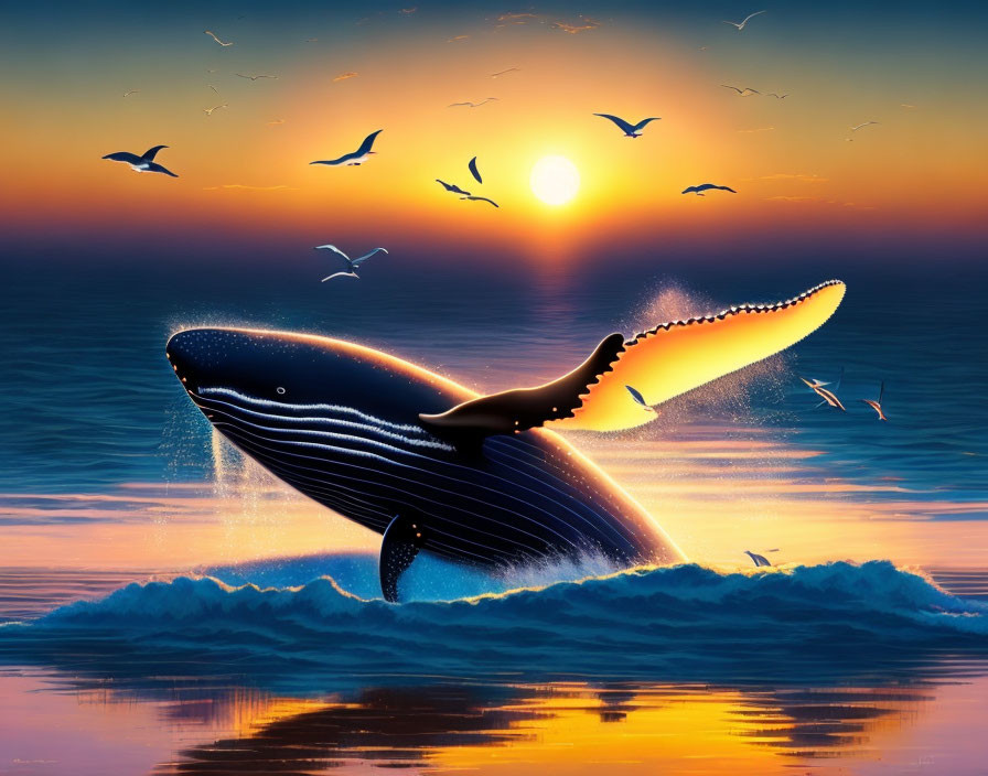 Majestic whale breaching at sunset with orange sky and bird silhouettes.