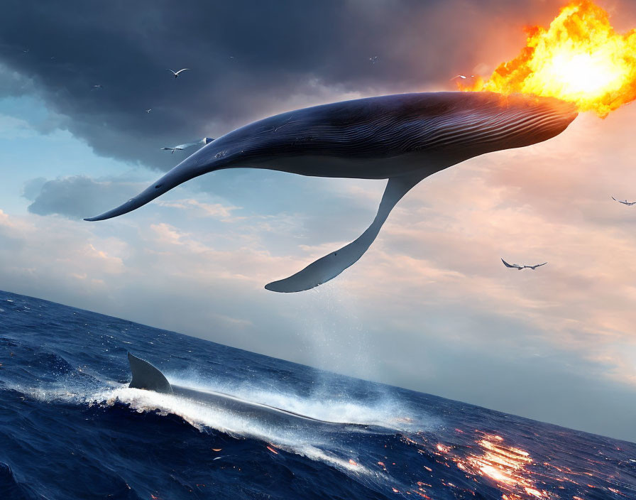 Whale Digital Artwork: Flame-Crowned, Sunset Leap