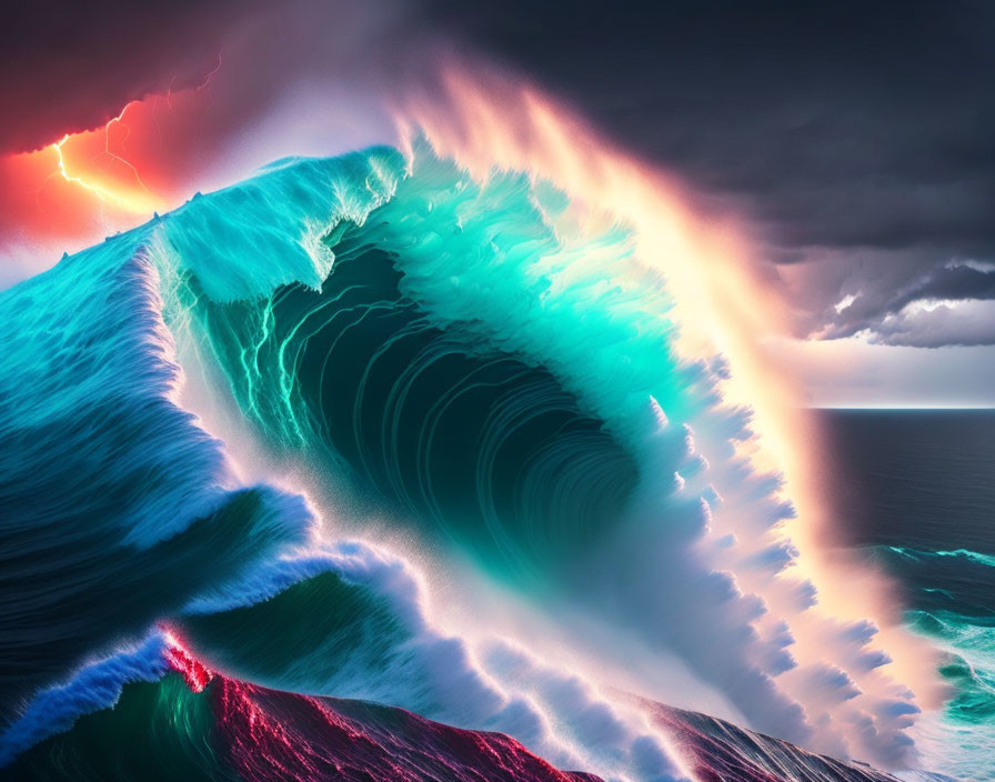 Dramatic turquoise and emerald wave against stormy sky