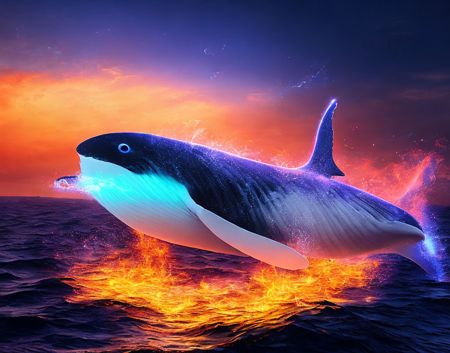 Orca whale leaping from fiery ocean in twilight sky