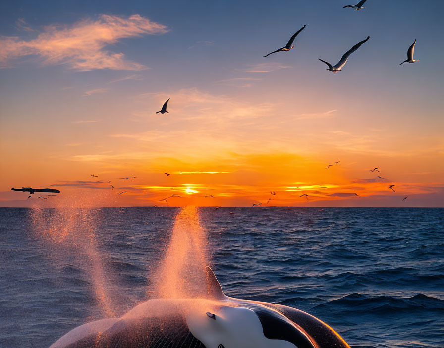 Whale's Tail Flukes Above Ocean with Sunset and Seagulls