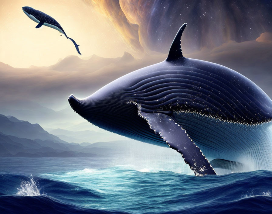 Colossal whale with glowing underside leaps above ocean waves