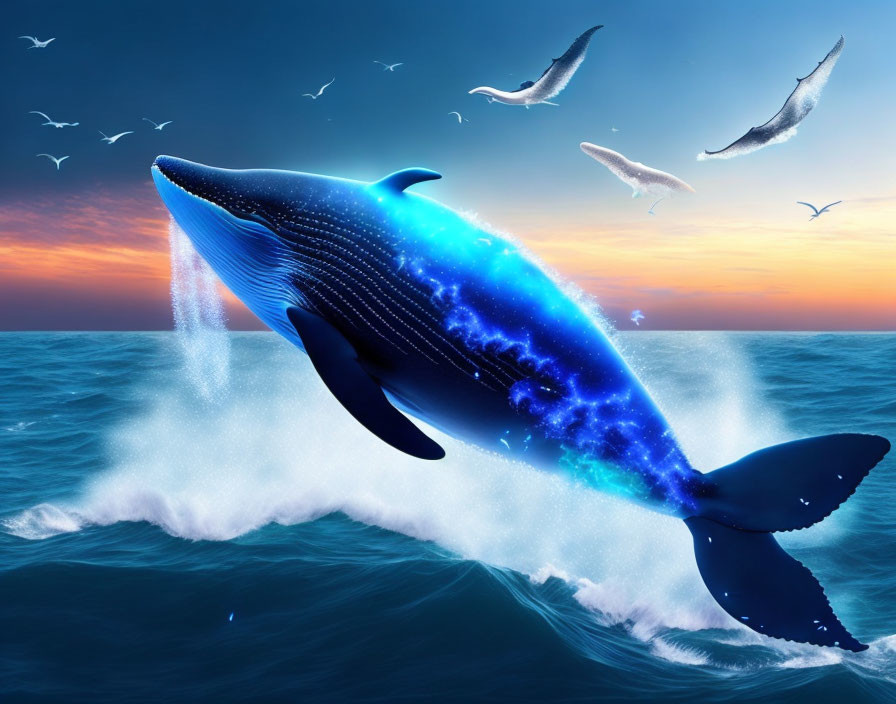 Whale with starry night sky pattern leaping out of ocean at dusk