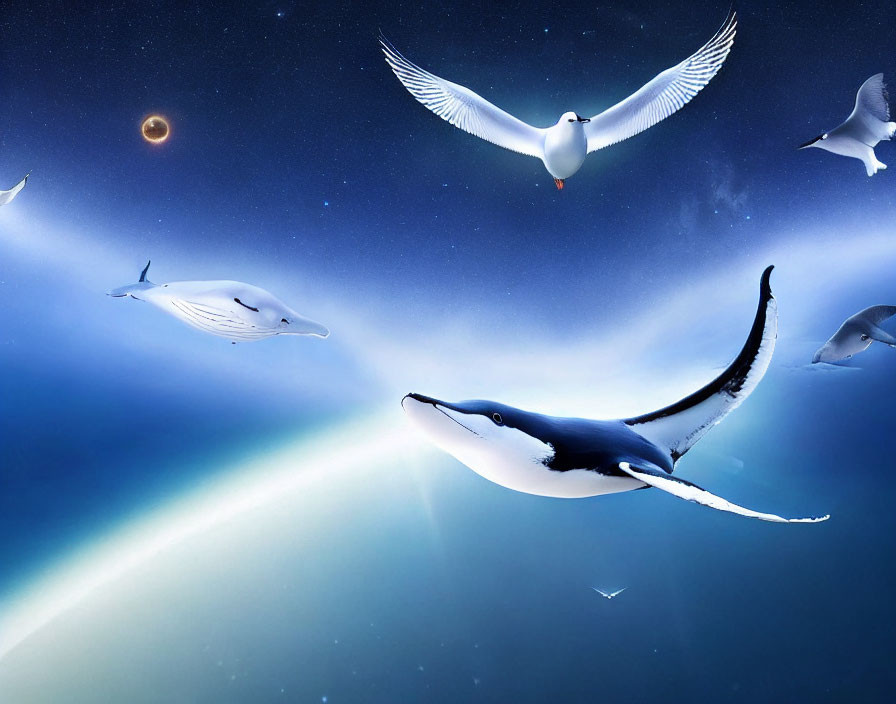 Whales and Birds in Starry Sky with Earth and Planet