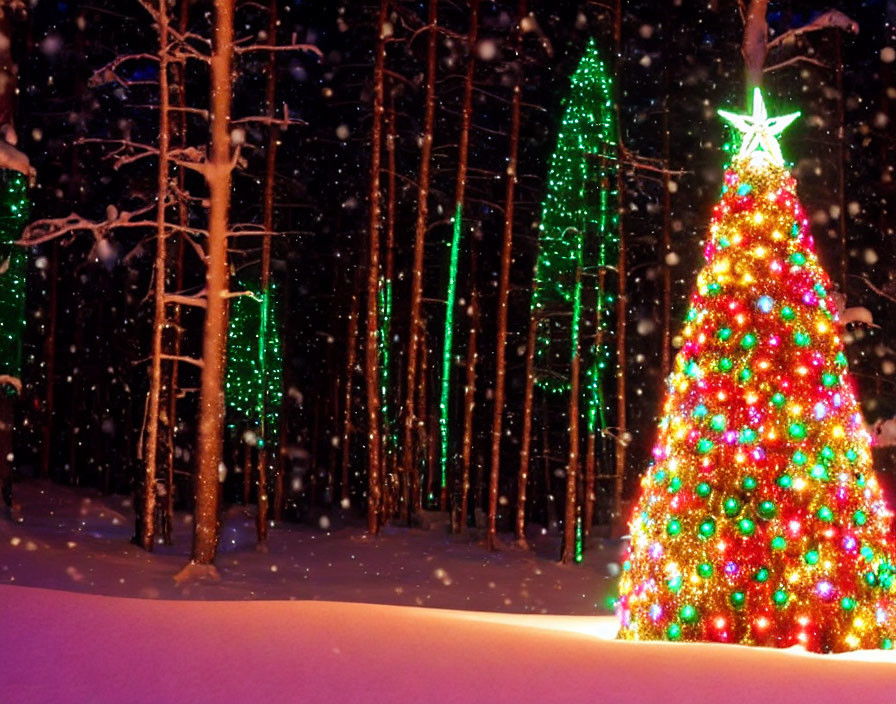 Vibrantly lit Christmas tree in snowy forest with falling snowflakes