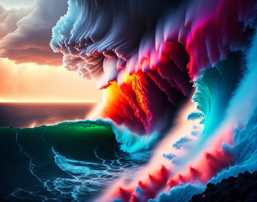 Vibrant multicolored ocean waves under gradient sky