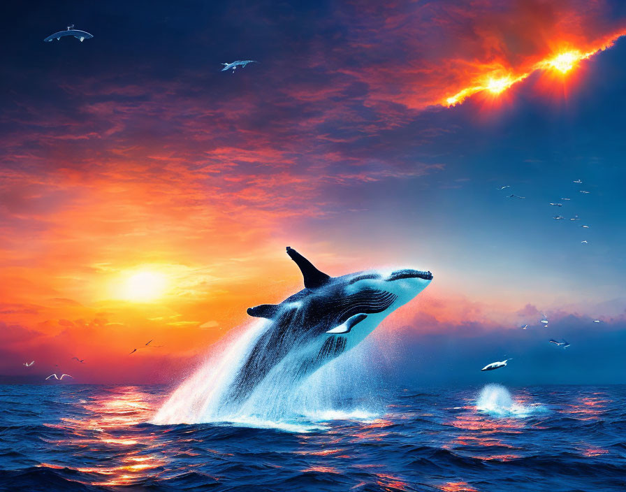 Orca breaching in blue waters at sunset with birds and distant UFOs