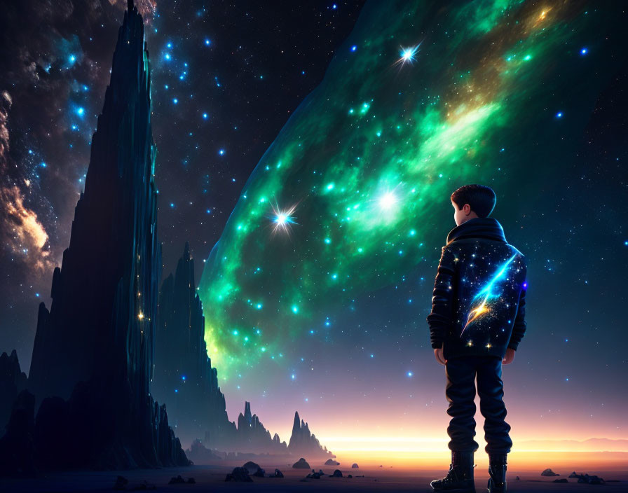 Boy standing on rocky terrain at dusk under vibrant green nebula.