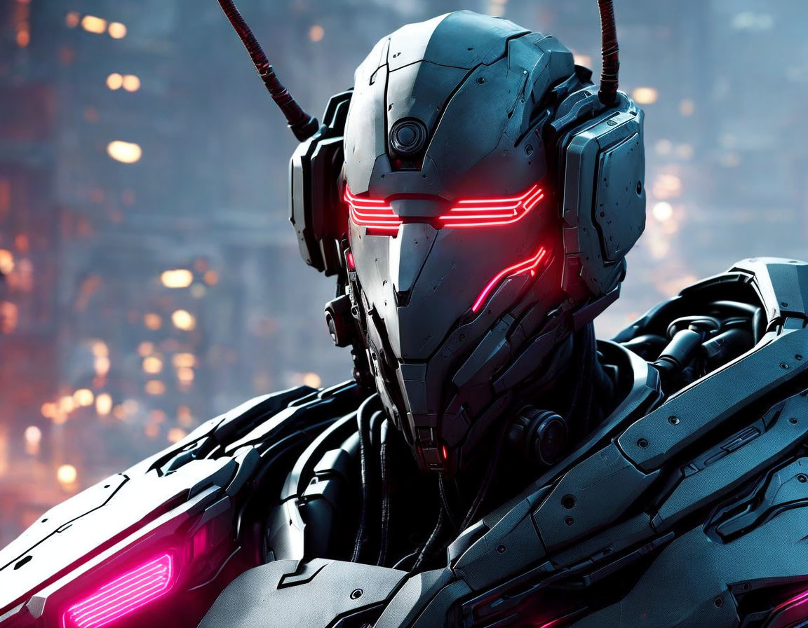 Futuristic robot with red glowing eyes and intricate armor in industrial setting