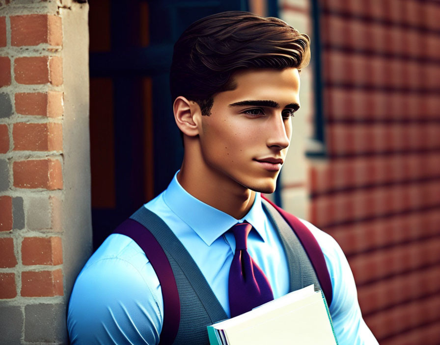 Young man with slicked-back hair in blue shirt, purple tie, and suspenders leaning on brick