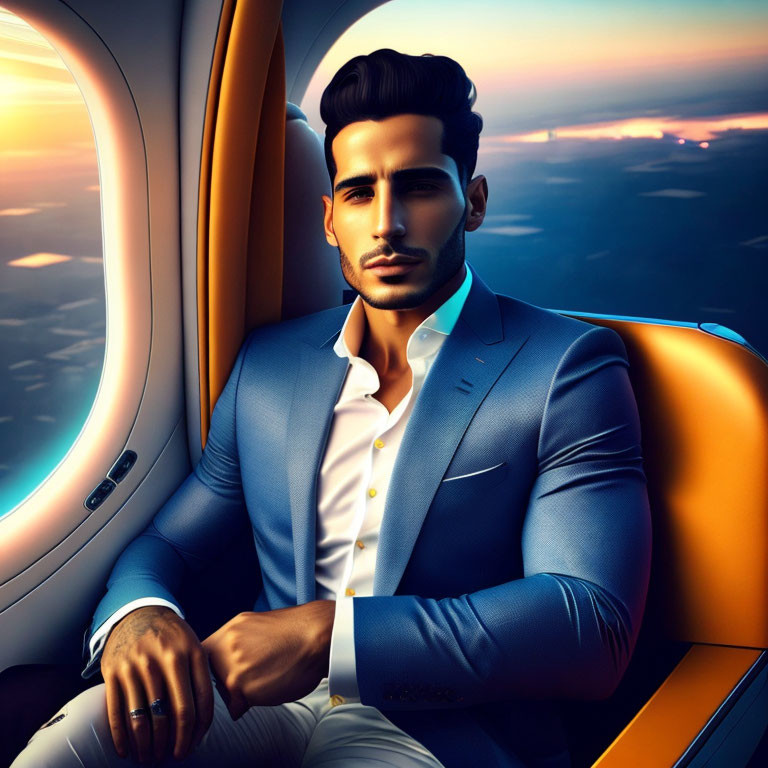 Man in Blue Suit Relaxing by Airplane Window at Sunset