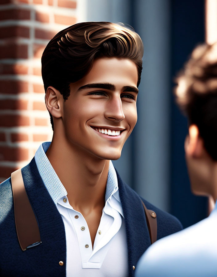 Young man in blue cardigan smiling near brick wall