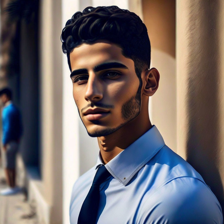 Stylized digital artwork of young man in blue shirt leaning against wall