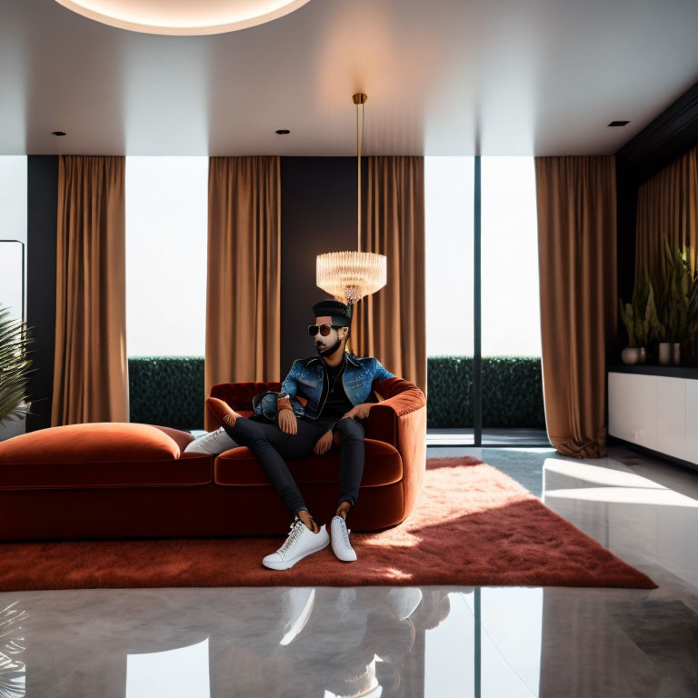 Stylish man in denim jacket and sunglasses on red sofa in modern room