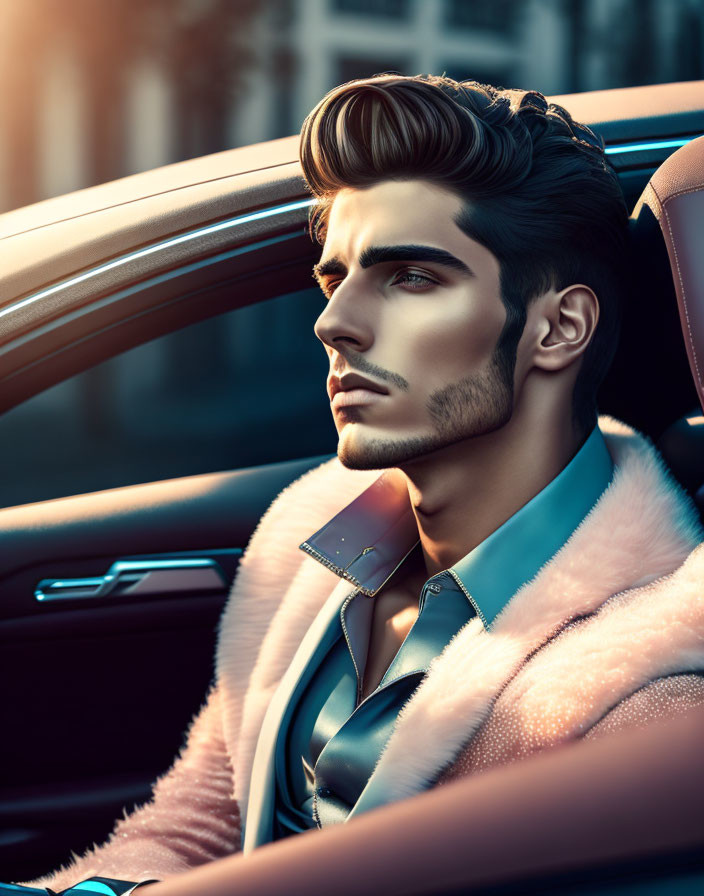 Fashionable man in fur coat with sharp haircut and groomed beard exudes elegance in luxury car