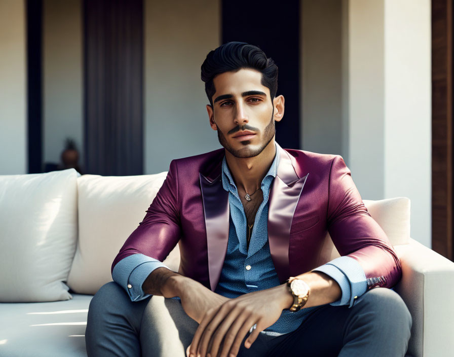 Confident man in purple blazer on white couch in modern interior