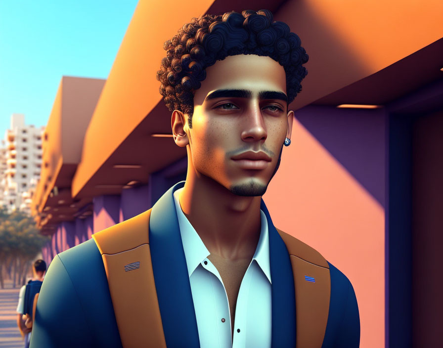 Stylized digital illustration of man with curly hair in blue and orange jacket at sunset