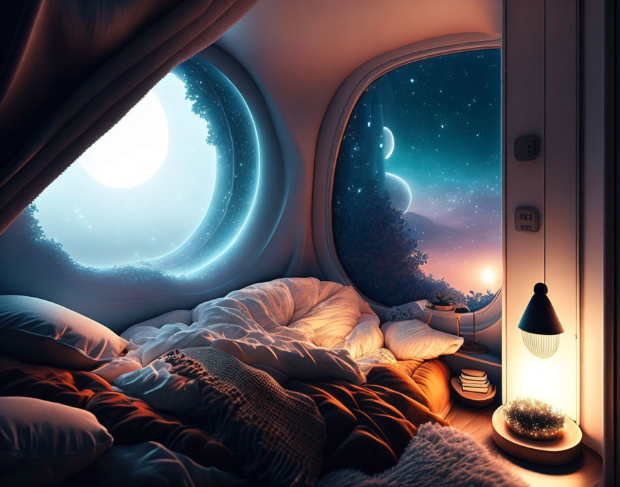 Cozy Bedroom with Circular Windows and Starry Night Sky