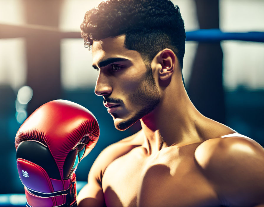 Chiseled young male boxer in red gloves at gym with warm sunlight