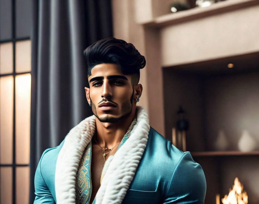 Luxurious man in blue robe with groomed facial hair