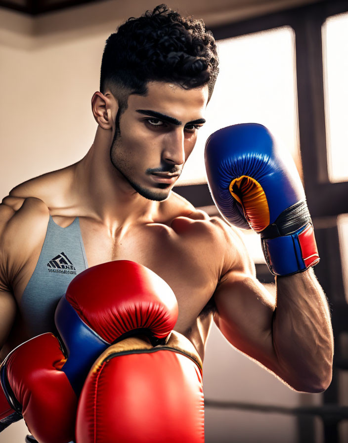 Confident young man in boxing gloves training in gym