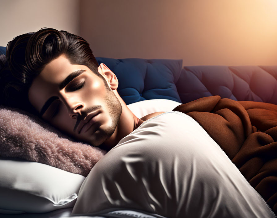 Man Sleeping Peacefully in Warmly Lit Room with Styled Hair