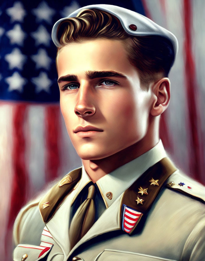 Young man in vintage military uniform with medals in front of American flag