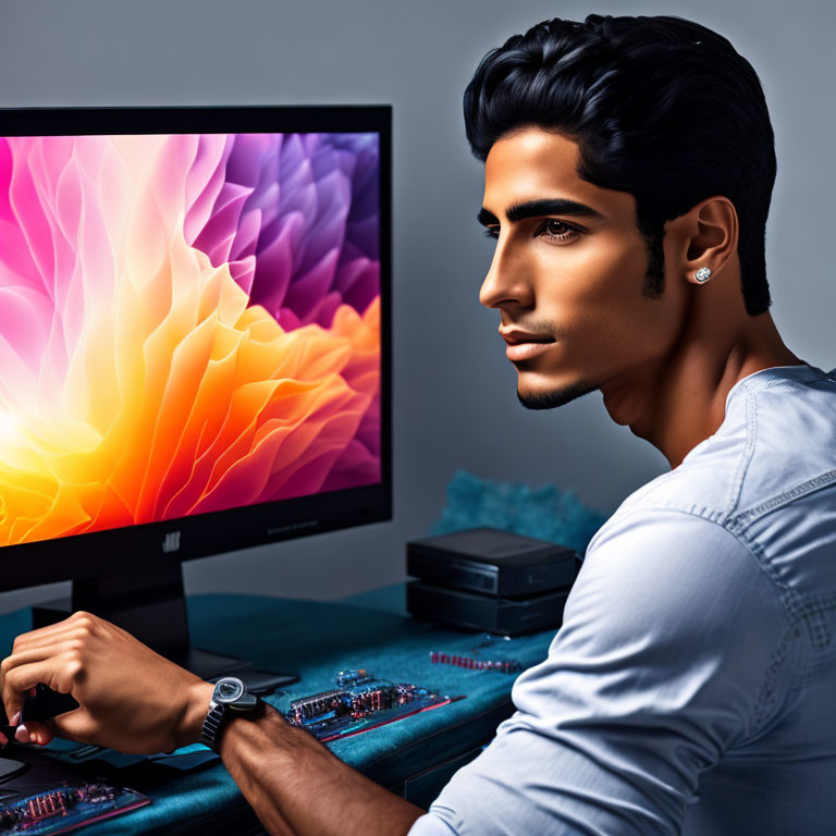 Stylish man with denim shirt and watch in front of vibrant computer screen