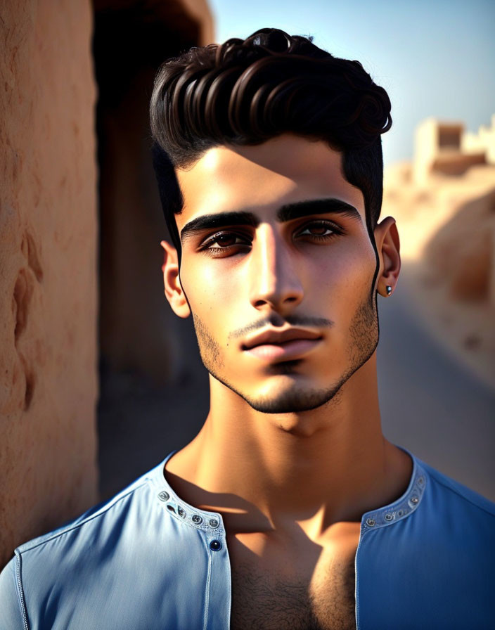 Young male digital artwork with styled hair and blue shirt in alleyway.