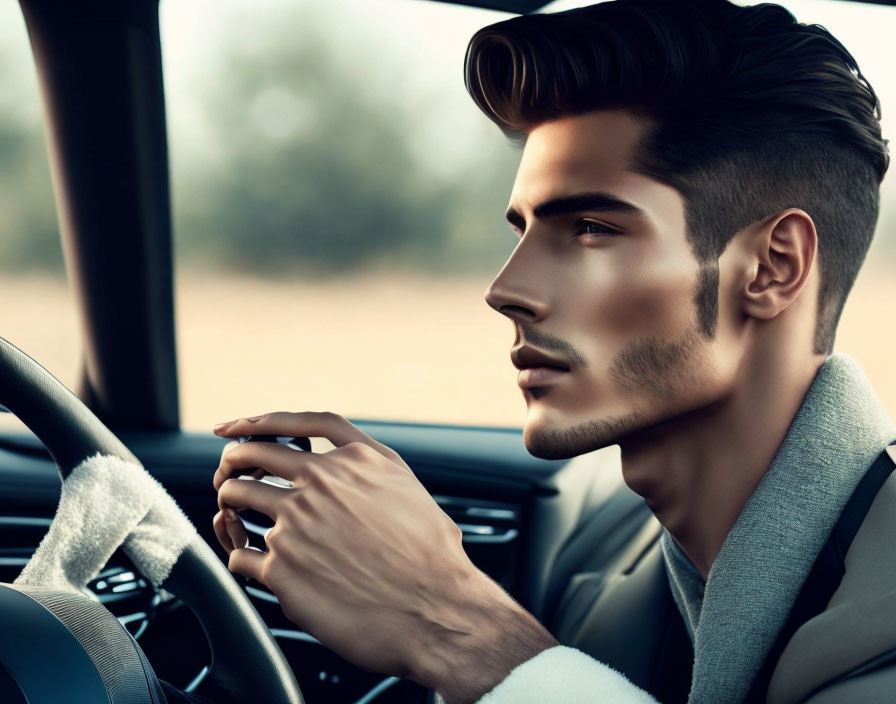 Fashionable man with beard and coat holding steering wheel in focused expression