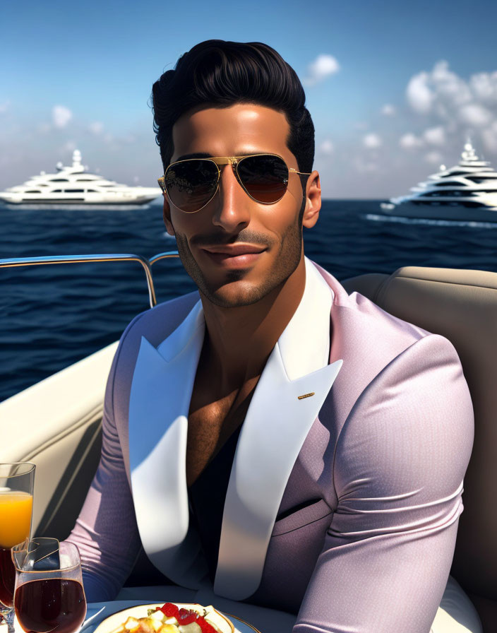 Man in Sunglasses on Boat with Pink Jacket and Yachts Illustration