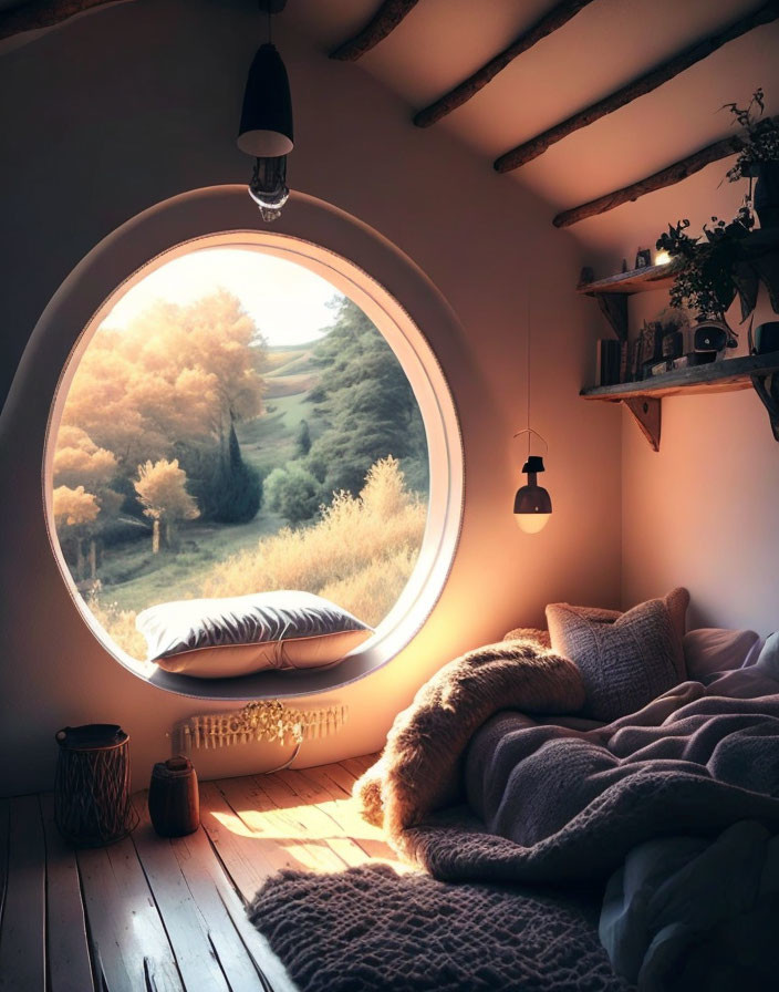 Circular-windowed nook with cushions & serene landscape view. Warm lighting & plush bed add coziness