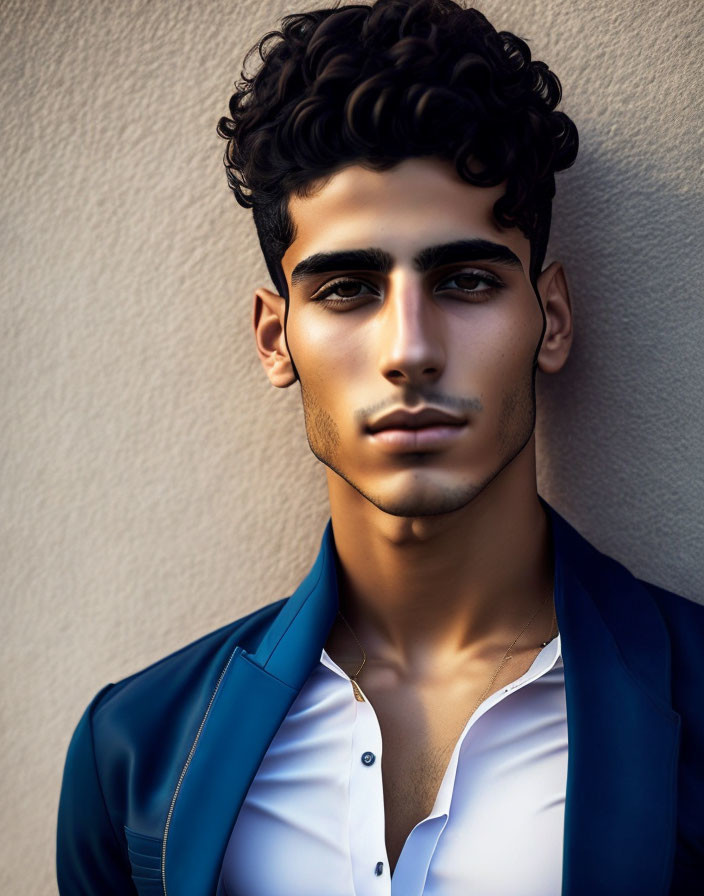 Portrait of young man with curly hair, stubble, white shirt, blue blazer