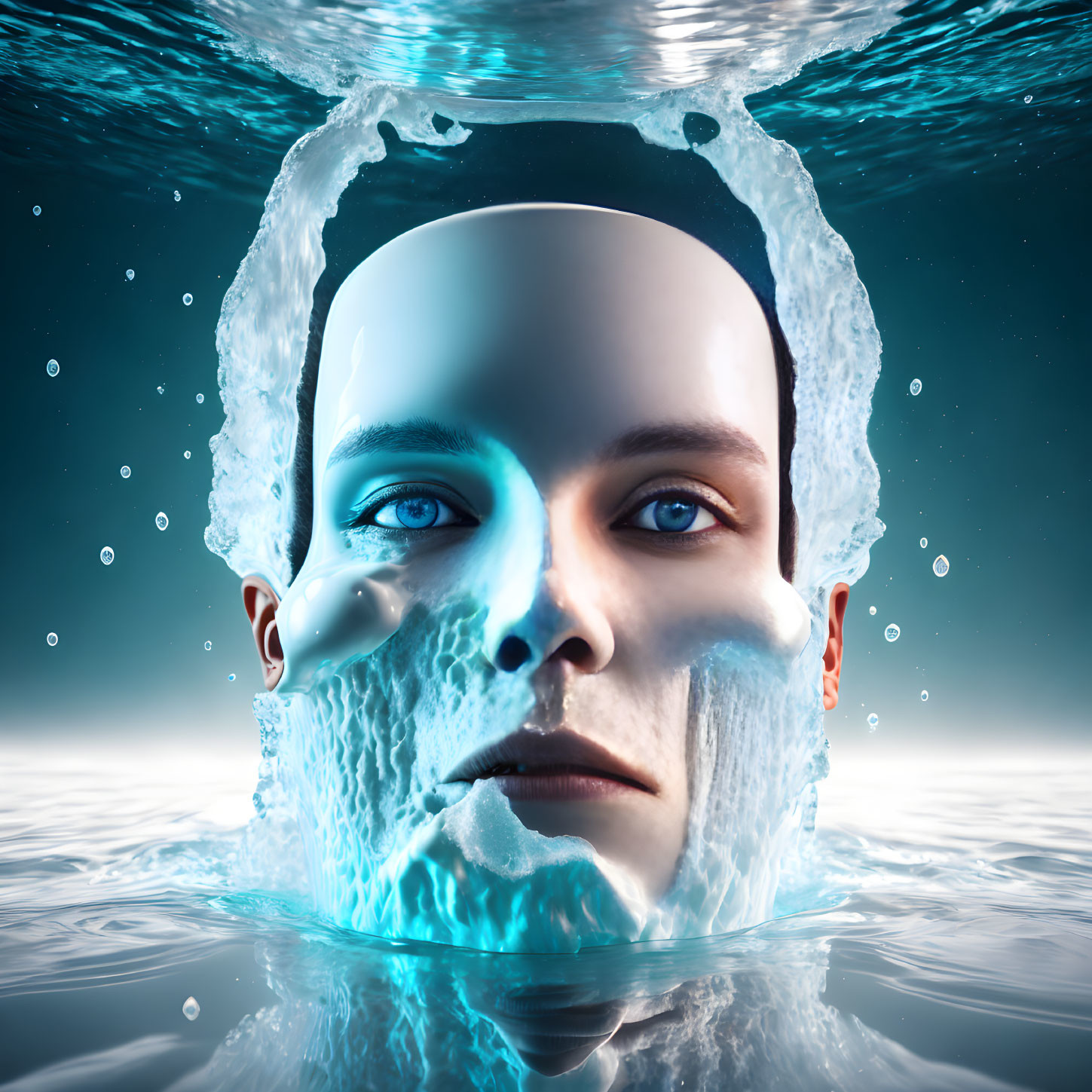 3D-rendered human head emerging from water with tranquil expression