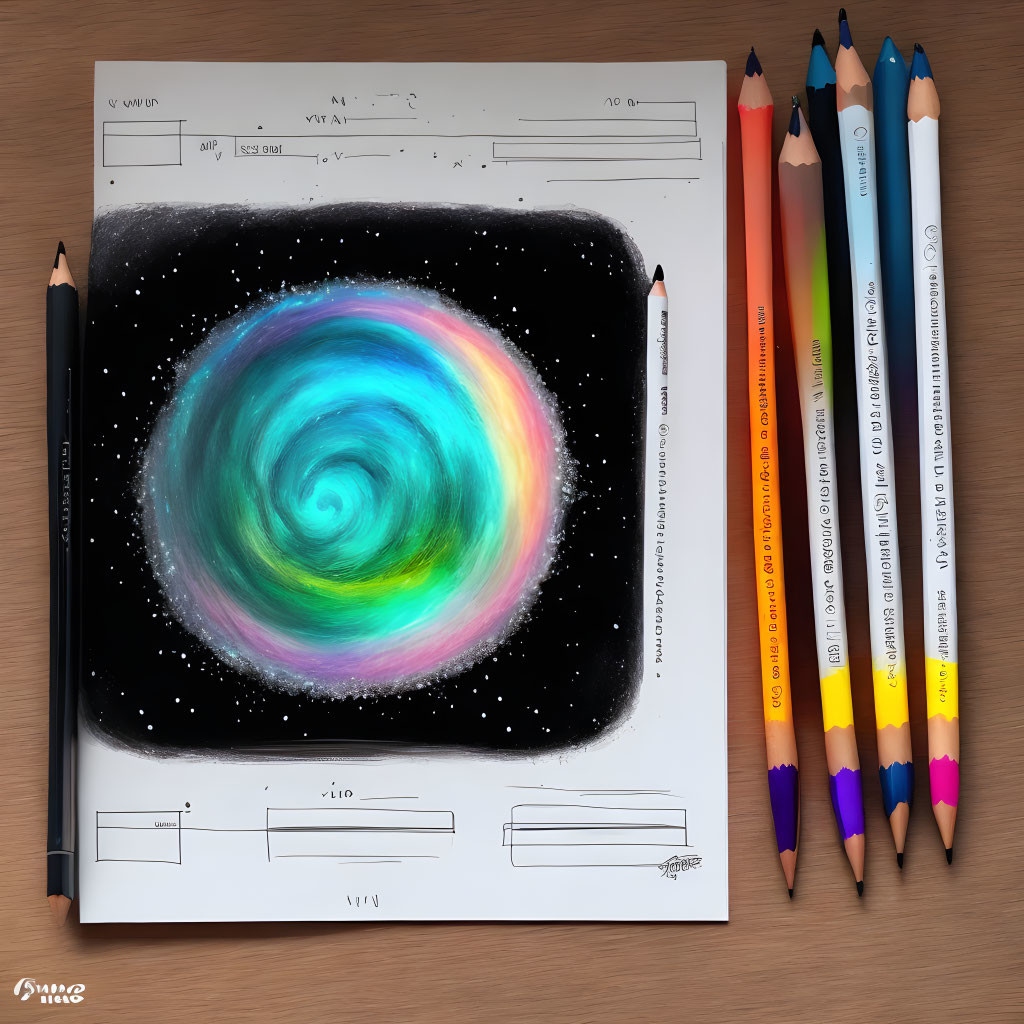 Detailed drawing of galaxy on black square with form layout, colored pencils, and large pencil.