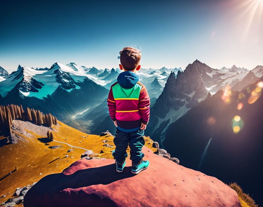 Child on mountain peak overlooking snow-capped valley under clear sky