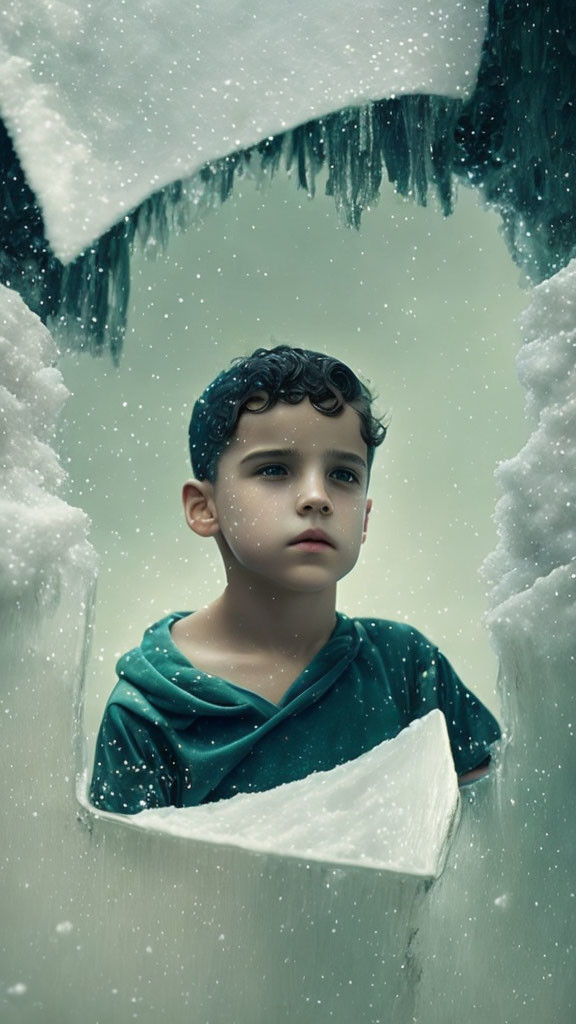 Boy in Green Shirt Contemplating in Snowy Landscape