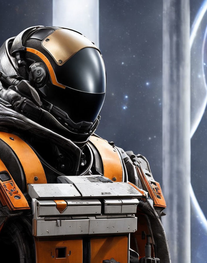 Orange spacesuit astronaut against swirling galaxy backdrop